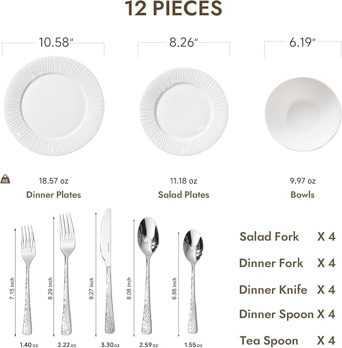 KINGSTONE 12-Piece Bone China Dinnerware Set with 20-Piece flatware, White Lightweight Porcelain Service for 4, for Family Dining, Restaurants, Gifting竊똌icrowave and Dishwasher Safe