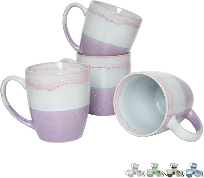 Bosmarlin Ceramic Coffee Mug Set of 4, 17 Oz, Purple Coffee Cups with Big Handle, Microwave Safe, Unique Reactive Glaze