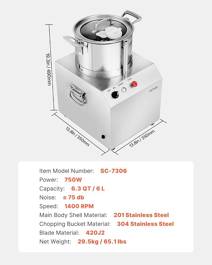 VEVOR Food Processor & Vegetable Chopper, 6.3 Quart Food-Grade Stainless Steel Food Processor Chopper with 2 Extra S-Curve Blades, Ideal for Chopping Vegetables, Fruit, Grains, Nuts