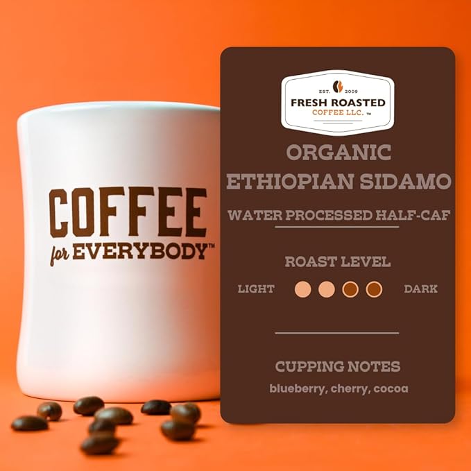 Fresh Roasted Coffee, Organic Ethiopian Sidamo Water-Processed Half-Caf | USDA Organic, 100% Single Origin, Kosher | Medium Roast 72 Pods for K Cup Brewers