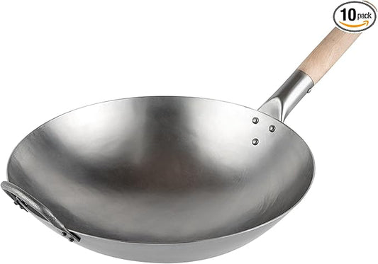 Motomori 14 Inch Hand-Hammered Carbon Steel Woks, 10 Traditional Japanese Woks - Round Bottom, Wooden Handle, Black Carbon Steel Traditional Stir Fry Pans, With Helper Handle - Restaurantware