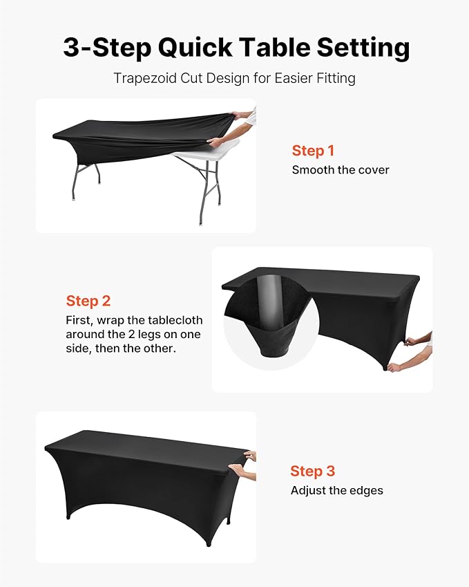 VEVOR 6 Pack Table Cloth for 8FT Rectangular Fitted Events, Wrinkle-Resistant Stretch Black Table Covers, Washable Spandex Tablecloth Protector, for Party, Wedding, Cocktail, Banquet, Festival