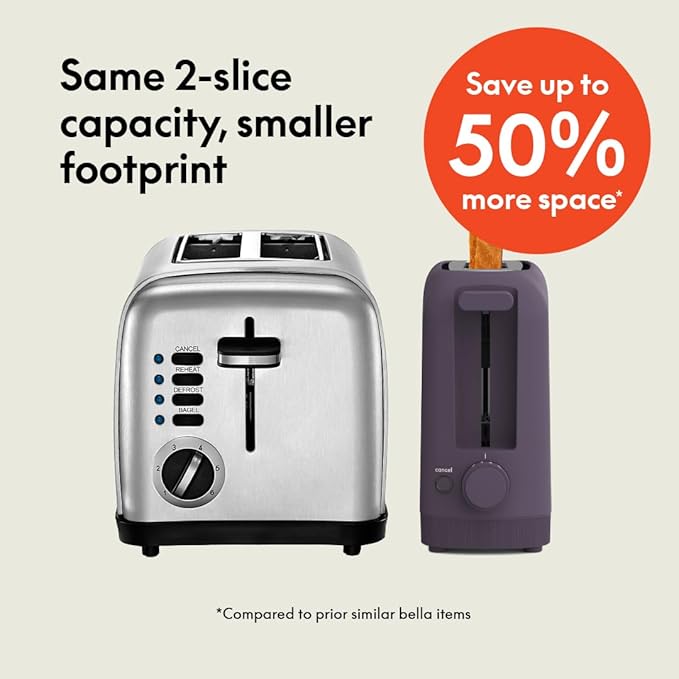 bella 2 Slice Slim Toaster, Fits-anywhere??Kitchenware, 6 Setting Shade Control with Reheat & Cancel Buttons, Fits sourdough, 10??Long Slot, Anti Jam & Auto Shutoff, 900 Watt, Plum