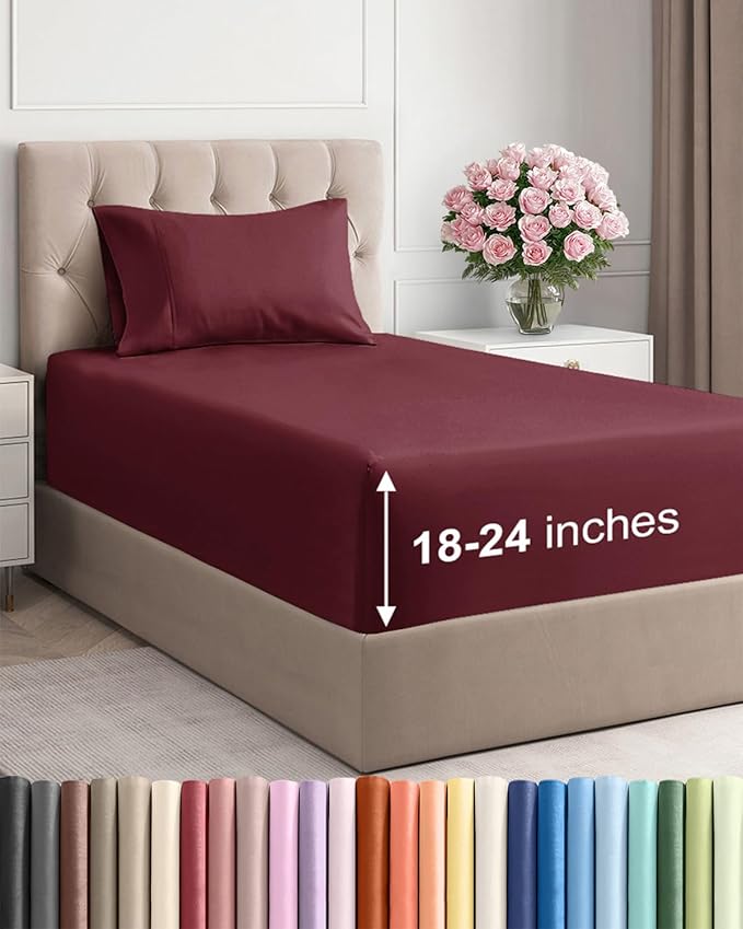 Extra Deep Pocket Twin XL Sheets - 3 Piece Breathable & Cooling Bed Sheets - Hotel Luxury Bed Sheet Set - Soft, Wrinkle Free & Comfy - Easily Fits Extra Deep Mattresses - Deep Pocket Burgundy Sheets