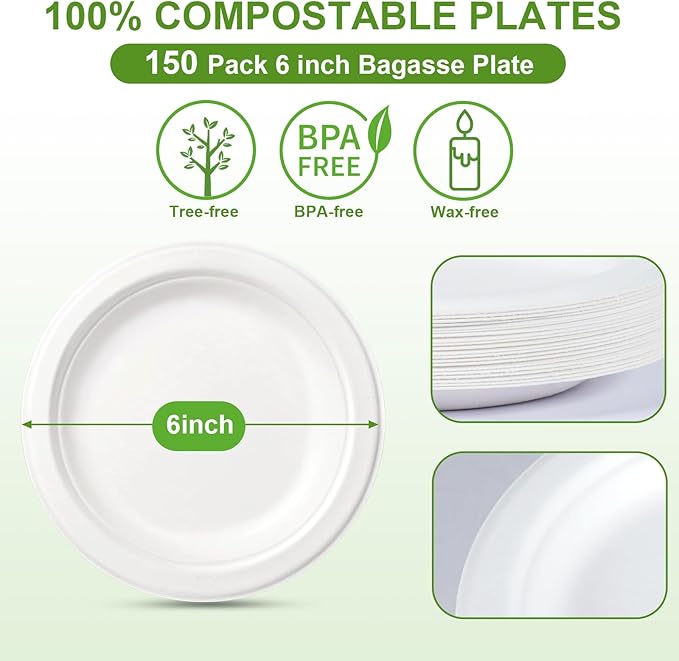6 Inch Compostable Paper Plates - 150 Counts, Heavy-Duty Disposable Eco-Friendly Sugarcane Plates
