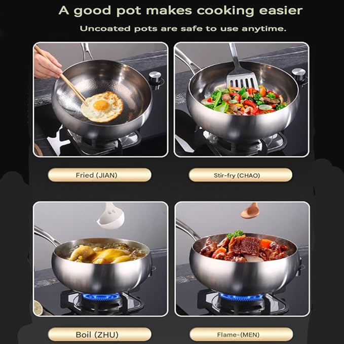Titanium Hammered Pan with Lid, Thickened Multi-Layer Stock Pot, Titanium Wok Pan, Scratch-Resistant Non Stick Titanium Frying Pans, Even Heating for Cooking,9.44in