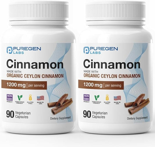 Puregen Labs Organic Cinnamon (Ceylon Cinnamon) 1,200mg Serving Total 180 Veggie Caps - No Harmful Additives | Non-GMO | Gluten-Free ??Made in USA