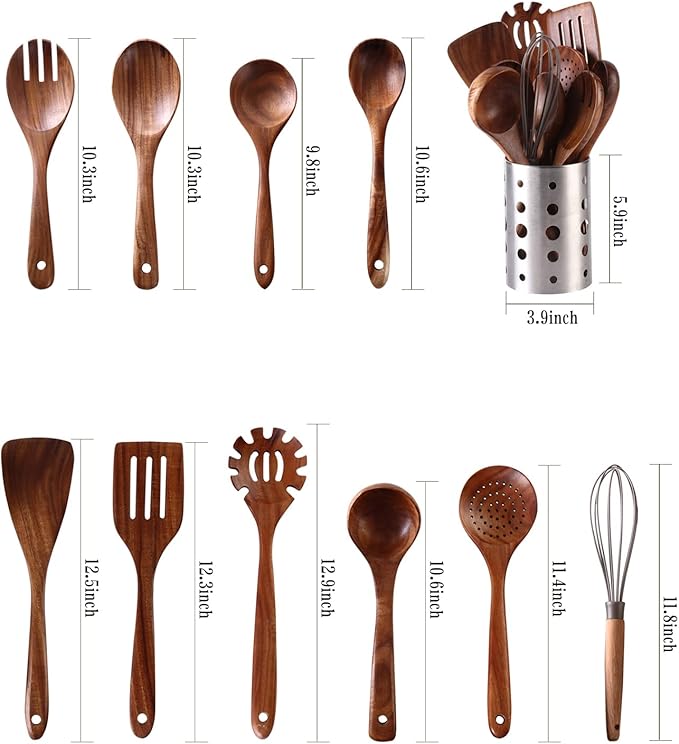 11Pcs Wooden Cooking Utensils Set, Teak Wooden Spoons for Cooking, Comfort Grip - Sturdy - Non Stick Wooden Spatulas for Stirring, Cooking, Kitchen Utensils Set with Stainless Holder