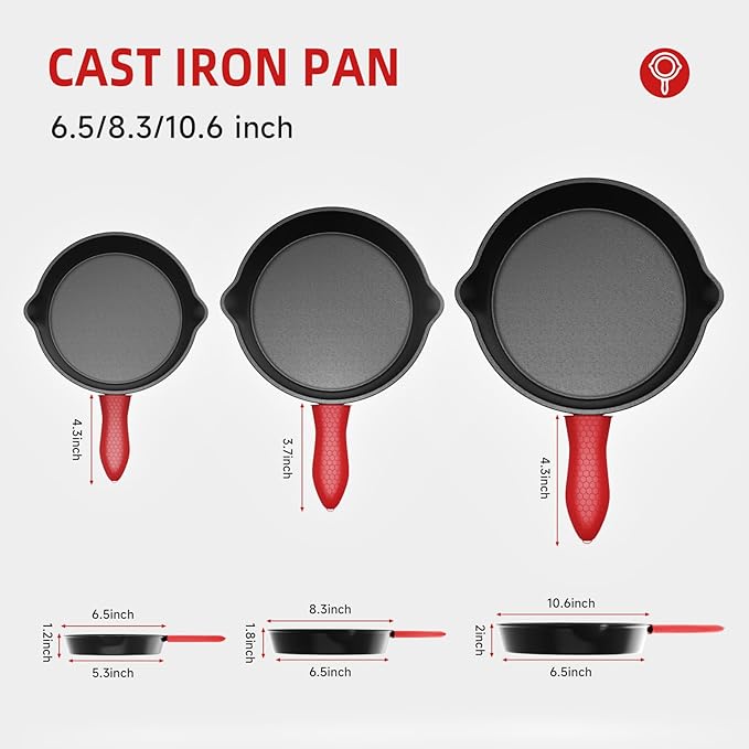 3 piece set, cookware set 6, 8, 10 Inches, for frying, saute, cooking, pizza & more, easy use in the oven, stove, grill, or campfire, black, with silicone heat-resistant cover