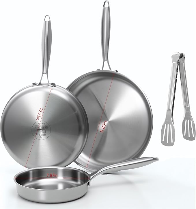 Tri-ply Stainless Steel Frying Pan Set 8" 10" 12" Large Skillet for Chef's Cookware Set, Induction Oven Dishwasher Safe, Compatible with All Cooktops with Kitchen Tongs(Detachable Handle)