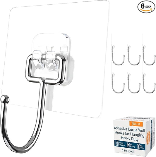 GLUIT Adhesive Large Wall Hooks for Hanging Heavy Duty 22 lbs Hooks for Walls No Damage, Towel Sticky Clear Hooks, Waterproof, Home, Bathroom, Kitchen, Office, and Outdoor 6 Pack