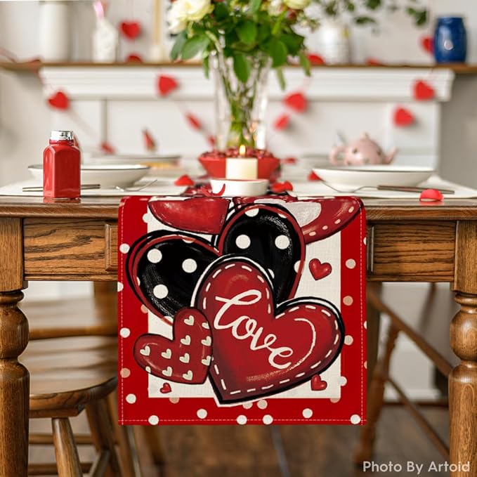 Artoid Mode Red Polka Dot Heart Love Valentine's Table Runner, Anniversary Wedding Kitchen Dining Table Decoration for Home Party Decor 13x48 Inch