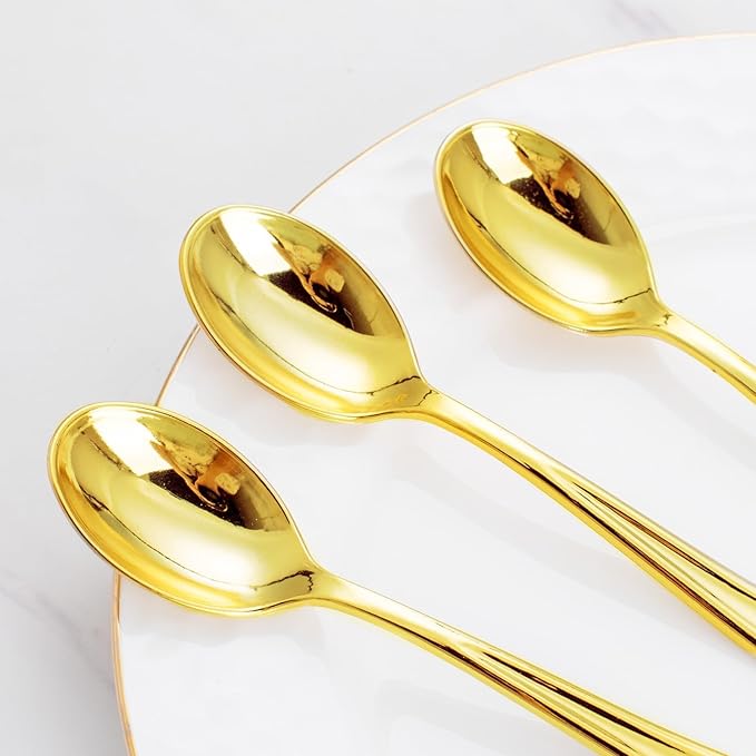 WDF 100 Pack Gold Plastic Spoons Disposable - Durable Heavy Duty 6.9 Inch Gold Spoons, Heat Resistant Modern Disposable Spoons Perfect for Parties, Wedding, Banquets, Valentine's Day