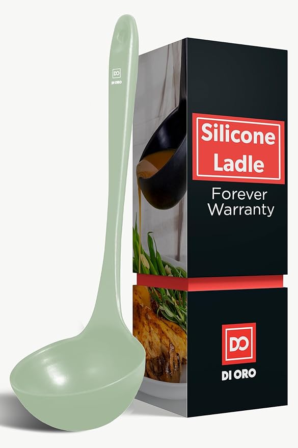 DI ORO Silicone Ladle ??Soup Ladle for Cooking & Serving Heat-Resistant - Large Kitchen Soup Ladle Nonstick Cookware Safe - Soup Serving Spoon with Wide Bowl - Silicone Utensil Dishwasher Safe (Sage)