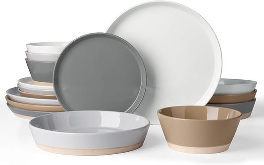 Famiware Saturn 16 Pieces Plates and Double Bowls Sets for 4, Stoneware Dinnerware Set with Pasta Bowl, Dish Set with Trim - Chip & Scratch Resistant, Microwave & Dishwasher Safe, Multi-color