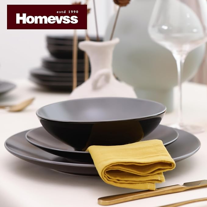 Stoneware Two-Tone Colors Life 16pc Dinner Set, Outside Shiny Black + Insdie Matte Glaze Light Grey
