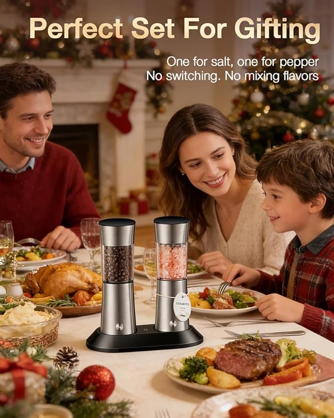 Electric Salt and Pepper Grinder Set, Gravity Operated, USB-C Rechargeable & Charging Base, Stainless Steel, Dual LED Guiding Lights, Comfortable Grip, Adjustable Coarseness, Perfect for Kitchen
