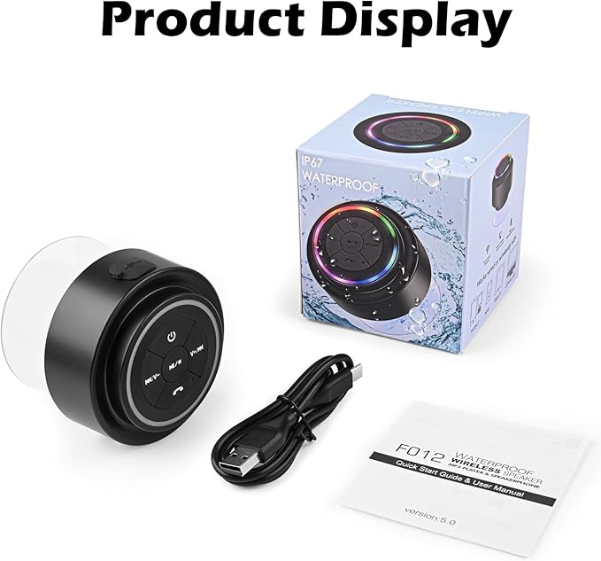Shower Speaker Bluetooth Waterproof, Mini Portable Wireless Speaker with LED Lights, Suction Cup, Floating,Crystal Sound, for Bathroom Travel Beach Pool, Ideal Electronic Gifts