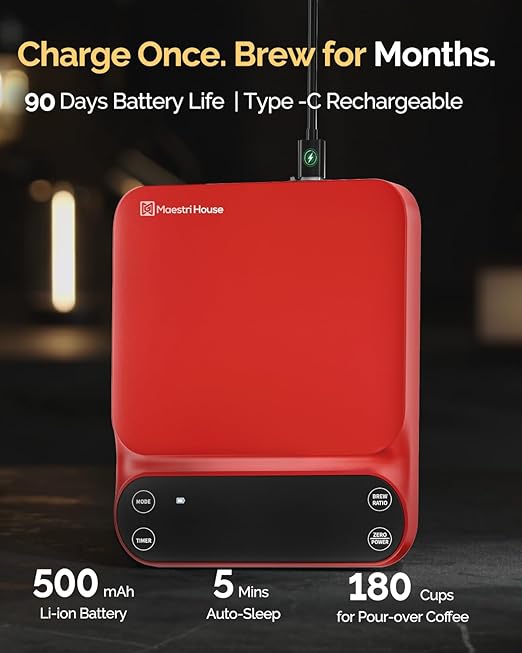 Maestri House S3 Coffee Scale with Timer, 3kg/0.1g Rechargeable Digital Scale, 3 Brew Modes, Adjustable Ratios & Flow Rate Display, Barista-Grade for Pour-Over, Espresso, French Press ??Red
