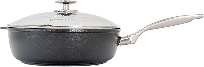 Swiss Diamond Nonstick Hybrid Ceramic and Diamond-Infused Deep Saute Pan With Glass Lid, PFAS- and PFOA-free, Dishwasher & Oven Safe Up To 500 째F (3.8 Quart)