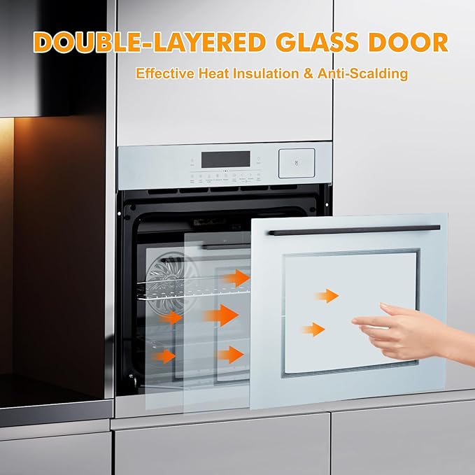 24" Built-in Single Wall Oven, 2.5 Cu.Ft (70L) Capacity - Electric Oven with Steam Bake, Air Fry & 3D Convection, Touch Controls, Timer, Safety Lock, Triple-Layer Glass Door, 3000W 240V, Silver