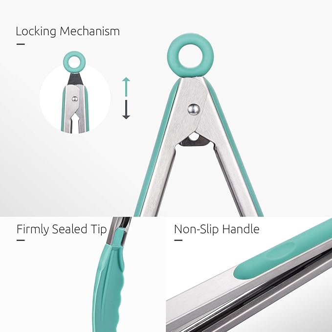 Kitchen Tongs, U-Taste 7/9/12 inches Cooking Tongs, with 600쨘F High Heat-Resistant Non-Stick Silicone Tips, 18/8 Stainless Steel Handle, for Food Grill, Salad, BBQ, Frying, Serving, Pack of 3(Teal)