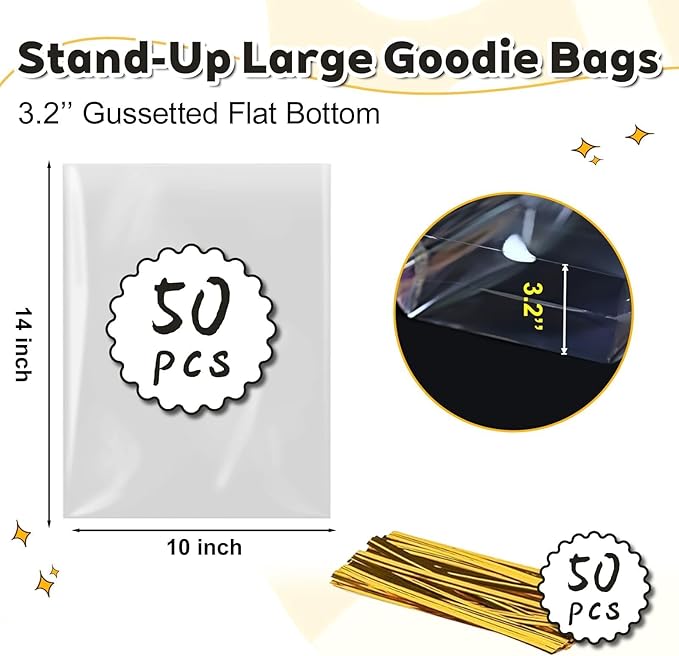 PigPotParty Cellophane Bags, Clear Gift Bags, Bottom Gusset for Stand-Up Display, Plastic Cellophane Gift Wrap, Ideal for Goodies, Treats, Party Favors, Mugs, Includes Ties (10x14, 50 Pack)