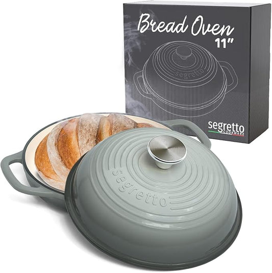 Enameled Cast Iron Bread Pan with Lid, 11??Grigio Scuro (Gray) Bread Oven Cast Iron Sourdough Baking Pan, Dutch Oven for Bread - Segretto Cookware