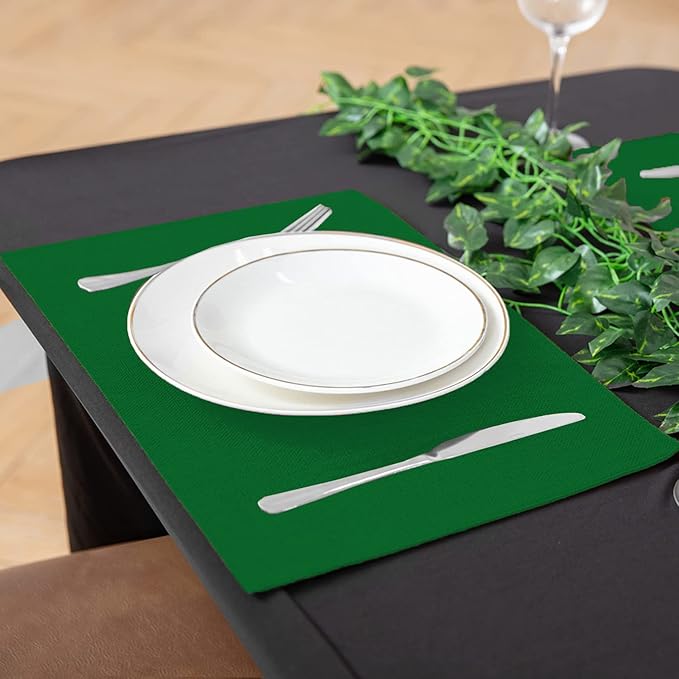Rinpon Cloth Green Placemats Set of 8, Linen Type Fabric Placemats Machine Washable Heat Resistant Placemats Polyester Place Mats for Halloween, Thanksgiving and Christmas Dining Table (Forest Green)