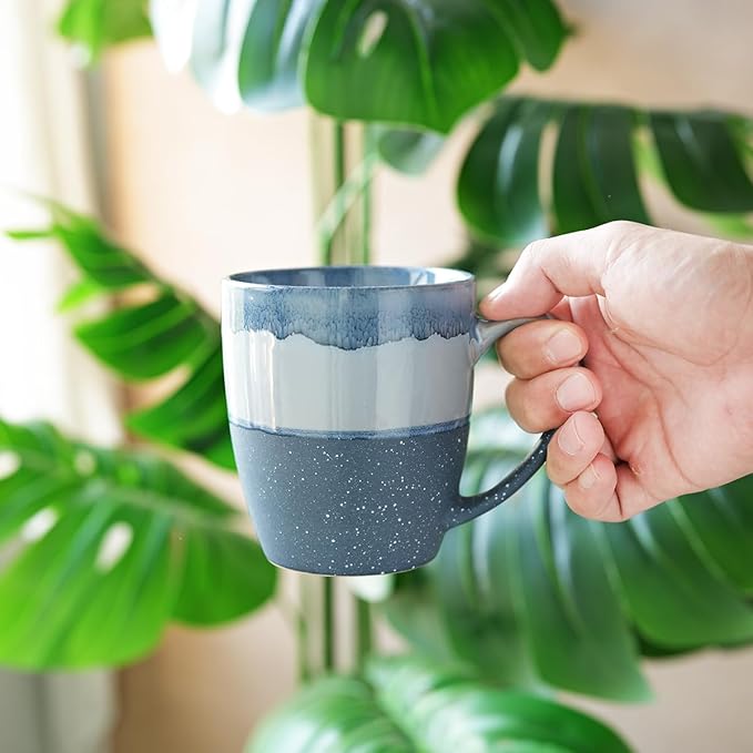 Bosmarlin Ceramic Coffee Mug Set of 4, 17 Oz, Blue Coffee Cups with Big Handle, Microwave Safe, Unique Reactive Glaze
