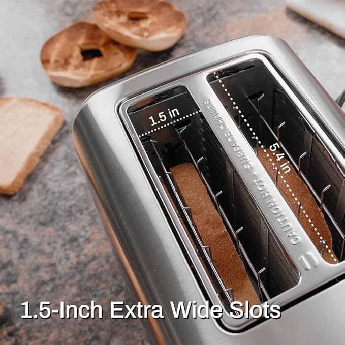 RAMJOY Toaster 2 Slice, Extra Wide Slot Toaster for Bagels, Bread, Waffles, 7 Shade Settings, 4 Main Functions, Removable Crumb Tray, 900 Watts Toasters, Brushed Stainless Steel