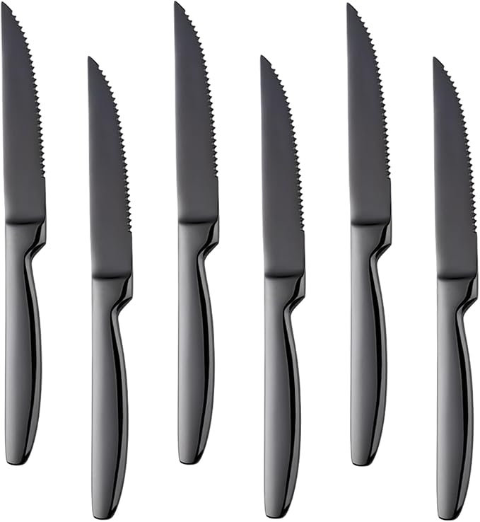 Black Steak Knife Sets, 6-Pieces Stainless Steel Kitchen Steak Knives-Easy to Clean and Non-Stick, 8.6 Inch, Dishwasher Safe