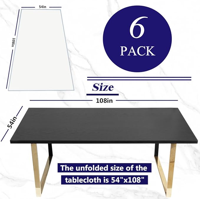 [6 Pack] White Paper Tablecloth Disposable for Rectangle Tables, 54 X 108 Inch Party Table Cover with Plastic Backing, Waterproof 3 Ply Table Cloth for Wedding Christmas Bachelorette, New Pattern