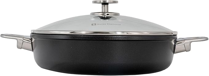 Swiss Diamond Nonstick Hybrid Ceramic and Diamond-Infused Sauteuse Saute Pan With Glass Lid, PFAS- and PFOA-free, Dishwasher & Oven Safe Up To 500 째F (3.7 Quart)