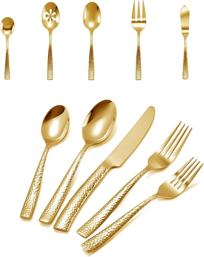 Flatware Set Gold Hammered 45 Pieces Stainless Steel Cutlery Set Silverware Serving Set Service for 8Home Event Use Wedding Housewarming Gift