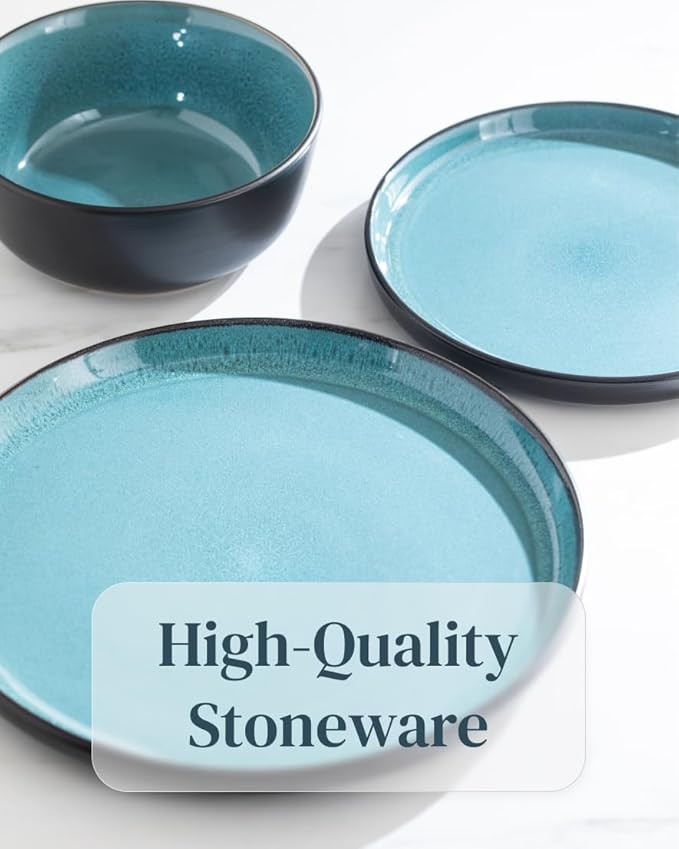 Stoneware dinnerware set 4 persons 12 pcs ??Modern style plates and bowls set ceramic ??Dishwasher safe and scratch resistant ??Bowl and plate set ??Dinner service Pure Living black & petrol blue