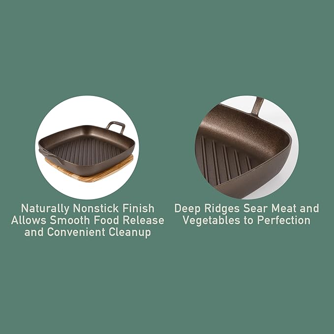Bloomhouse - Two Time Oprah's Favorite Things Winner - Natural Bronze Finish 12" Square Cast Iron Grill Pan ??Olive Oil Treated Surface w/Dual Handles & Olive Wood Trivet, Oven Grill Campfire Safe