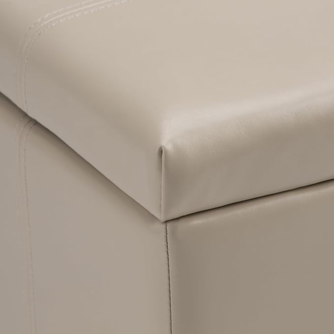 SIMPLIHOME Dover Storage Ottoman Bench - 36 inch Wide Upholstered Vegan Leather Rectangular Lift-Top Ottoman in Satin Cream, Contemporary Bench for Living Room with Safety Hinges