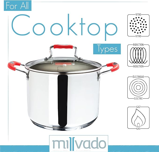 Stainless Steel Stock Pot, 6 Quart with Clear Glass Lid, Steam Hole, Permanent Markings - Gas, Electric & Induction Compatible