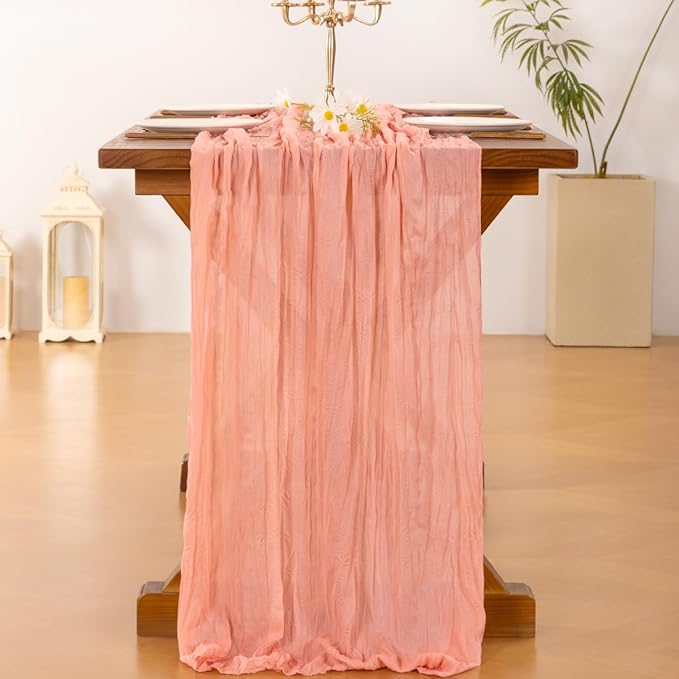 Socomi 3pcs Coral Peach Valentine's Day Cheesecloth Table Runner Boho Rustic Gauze 120 inch 10FT Cheese Cloth Runner for Wedding Party Baby Shower Birthday Home Decor Holiday Decorations