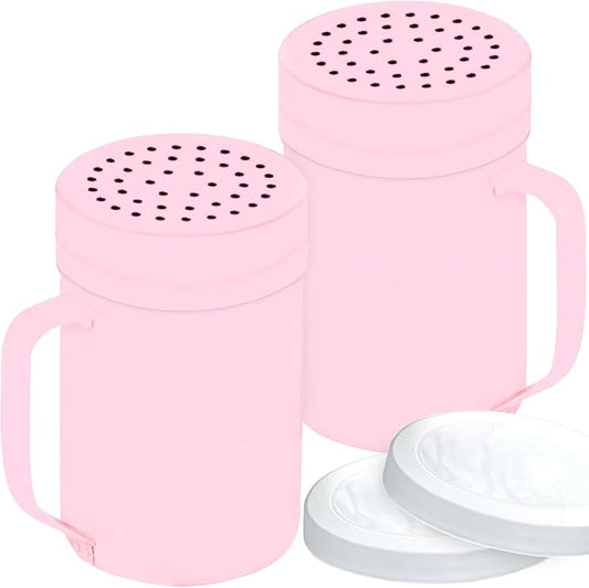 CUSINIUM 14oz Pink Stainless Steel Salt Pepper Dredge Shakers - With Plastic Cap - With Handle - Pack of 2