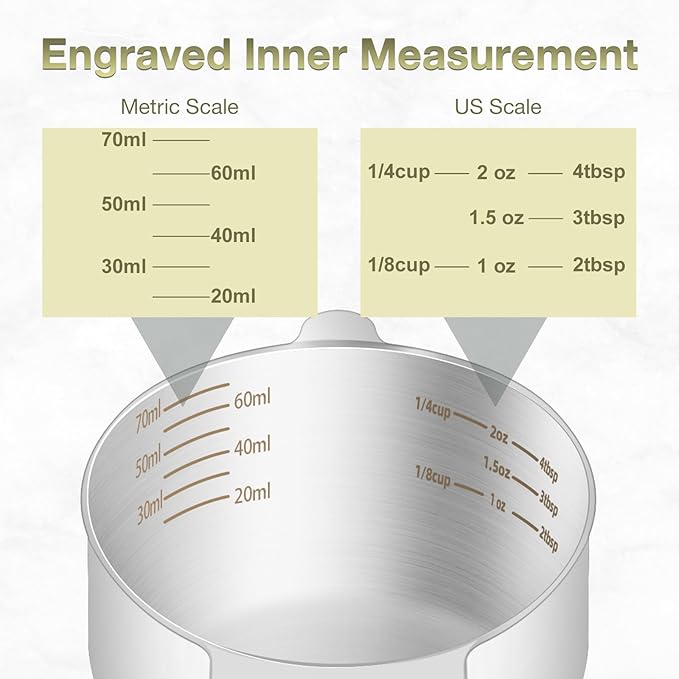 BERYLER 2PCS 1/3Cup (80ml, 2.6oz) Single Measuring Cup, Etched Inner Scale Stainless Steel Measure Scoop, Metric and US Measurement, Dishwasher Safe