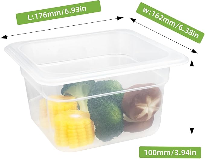 6-Pack Food Pan with Lids, 1/6 Size Food Storage Containers for homes, schools, restaurants, hotels Meal Prep, -40??160?? Stackable, Freezer-Safe (1/6 size 4 inch deep, 1.53L/1.62QT)
