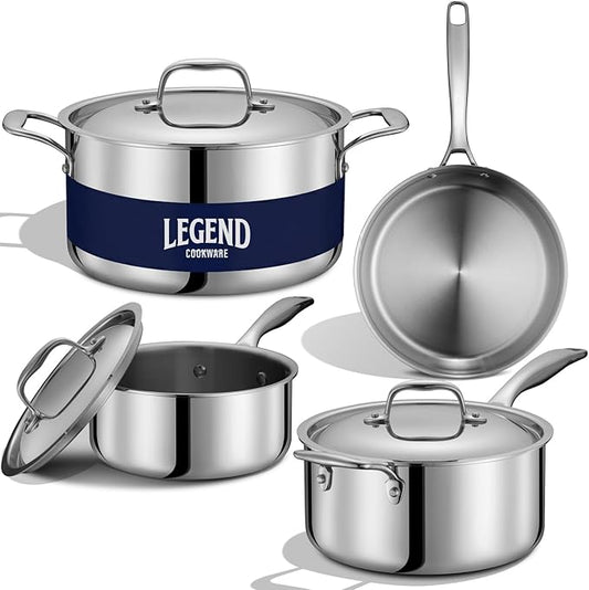 LEGEND COOKWARE 5-Ply Stainless Steel Cookware Set, 7-Piece Pots and Pans Set - Induction Compatible, Oven Safe 800째F - Non-Toxic, No Coatings - Built to Last Generations
