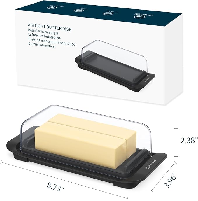 KITCHENDAO Airtight Butter Dish with Lid for Countertop and Fridge, Dishwasher Safe, BPA Free Wide Plastic Butter Keeper for 2 Sticks East Coast/West Coast/European Style/Kerrygold Butter, Black