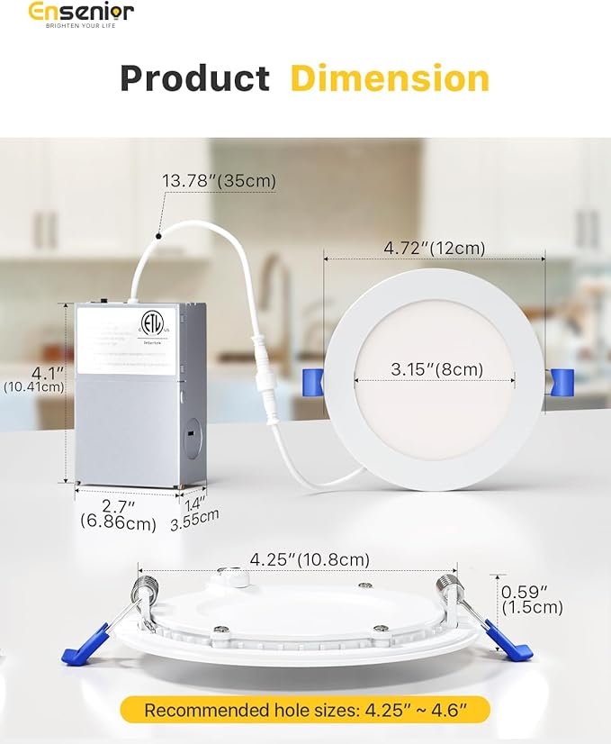 Ensenior 4 Pack 4 Inch LED Recessed Light, Dimmable, 2700K-5000K 5CCT, 750LM High Brightness, 9W 120V, Damp Rated, Ultra-Thin Canless Wafer Ceiling Light - ETL & FCC & IC