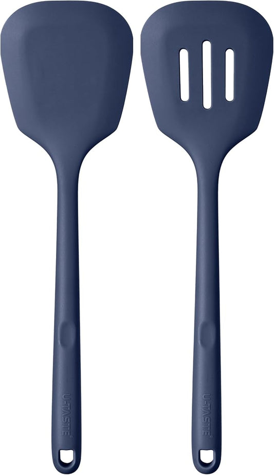 600쨘F Heat Resistant Silicone Turners: U-Taste 13.6in Long Solid & Slotted Kitchen Spatula Flipper, Food Grade Wide & Large Flexible Cooking Utensils for Flipping Eggs, Pancakes (Midnight Blue, 2PCS)