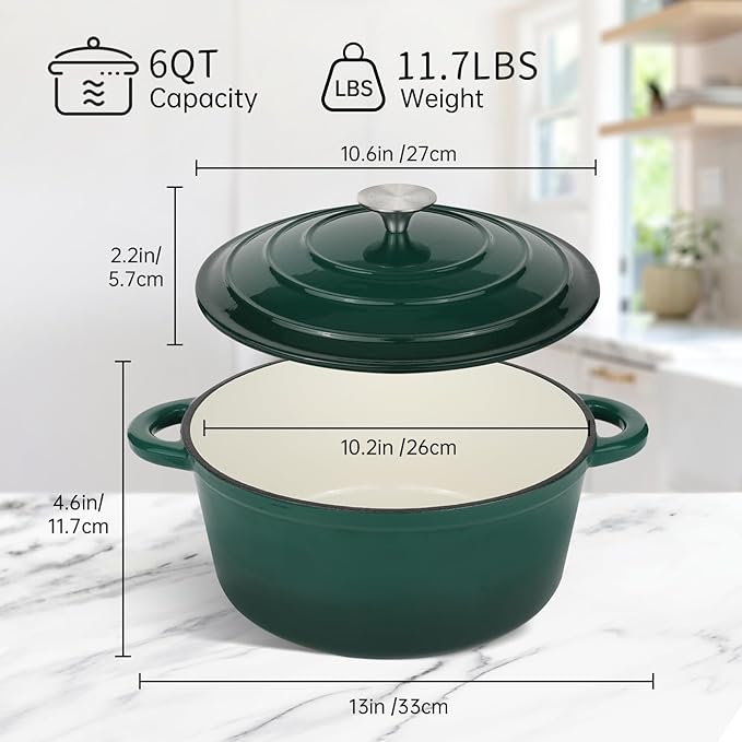 6 Quart Enameled Cast Iron Dutch Oven Pot with Lid, Oven Safe up to 500째F or on Stovetop, Non-stick Dutch Oven for Bread Baking, Cooking, Dual Handles Cookware, Green