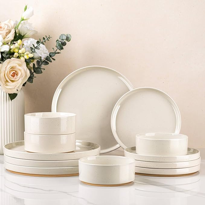 AmorArc Ceramic Dinnerware Set for 4 | Speckled Stoneware Plates and Bowls with unglazed terracotta | Scratch Resistant, Dishwasher & Microwave Safe Modern Dishes Sets- 12-Pcs Beige