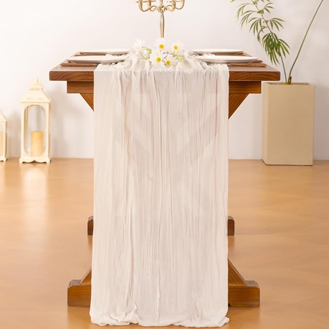 Socomi Ivory White Cheesecloth Table Runner Valentine's Day Boho Rustic Gauze 120 inch 10FT Cheese Cloth Runner for Wedding Party Baby Shower Birthday Home Decor Holiday Decorations